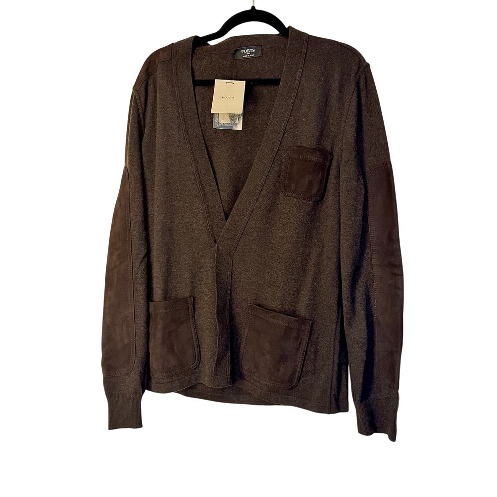Ports 1961 NWT Brown Wool-Cashmere Blend Cardigan with Suede